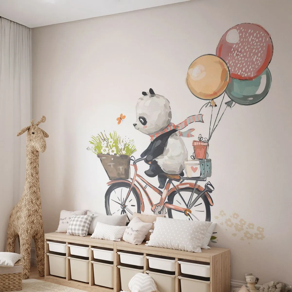 Samolepiaca Fototapeta Deluxe Sticker - Šťastný deň - Pre deti, Panda na bicykli, Abstrakcia - 200x140 cm