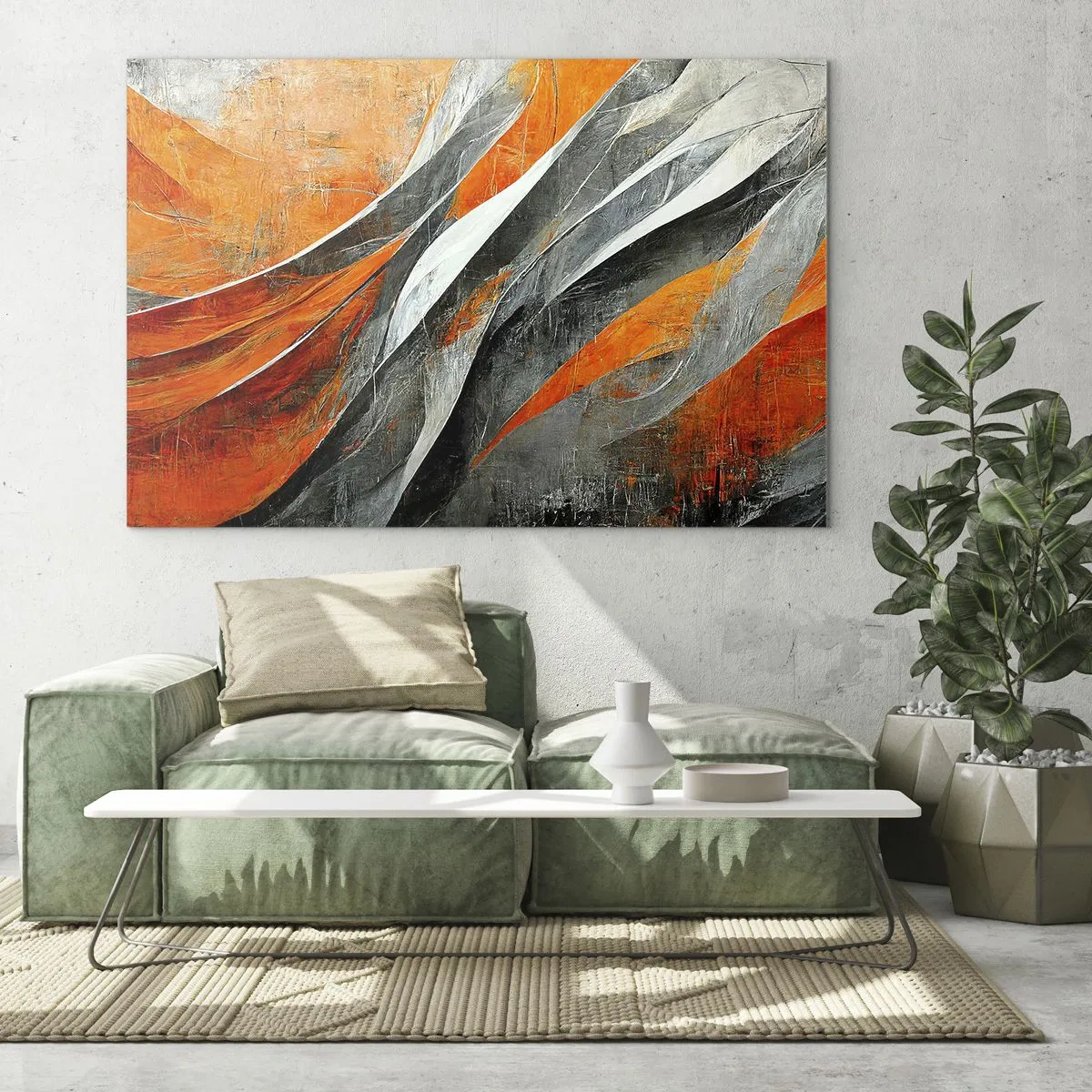 Obraz na skle - Abstraktné pruhy v odtieňoch oranžovej a sivej - 70x50cm - Žiar a chlad - Moderná nástenná dekorácia do obývacej izby a spálne ARTTOR