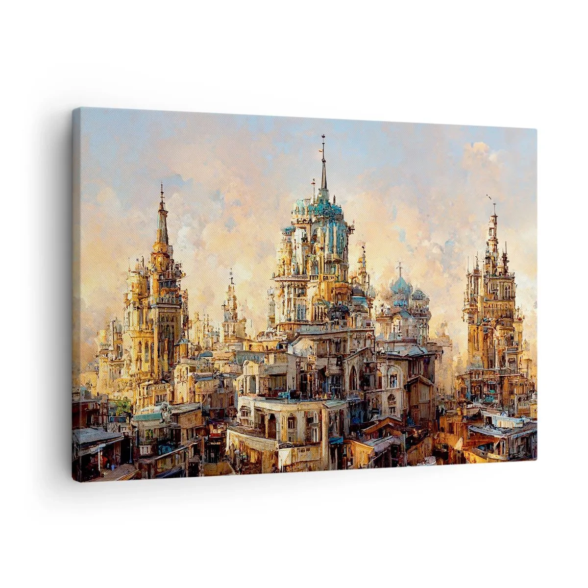 Obraz na plátne - Architektonické veže v lúčoch zapadajúceho slnka - 70x50cm - Mesto miest - Moderná nástenná dekorácia do obývacej izby a spálne ARTTOR