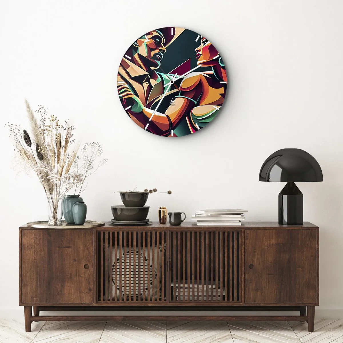 Nástenné hodiny - Štylizovaný tanečný pár zobrazený v intenzívnych farbách. - 30x30cm - V rytme srdca - Moderná nástenná dekorácia do obývacej izby, kuchyne a spálne ARTTOR