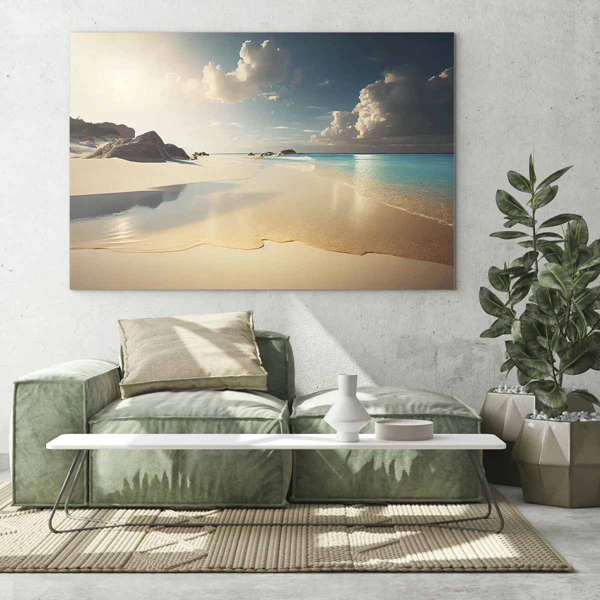Obraz na skle - Zlatá pláž a tyrkysové more vo svetle ranného slnka - 70x50cm - Vysnený deň - Moderná nástenná dekorácia do obývacej izby a spálne ARTTOR
