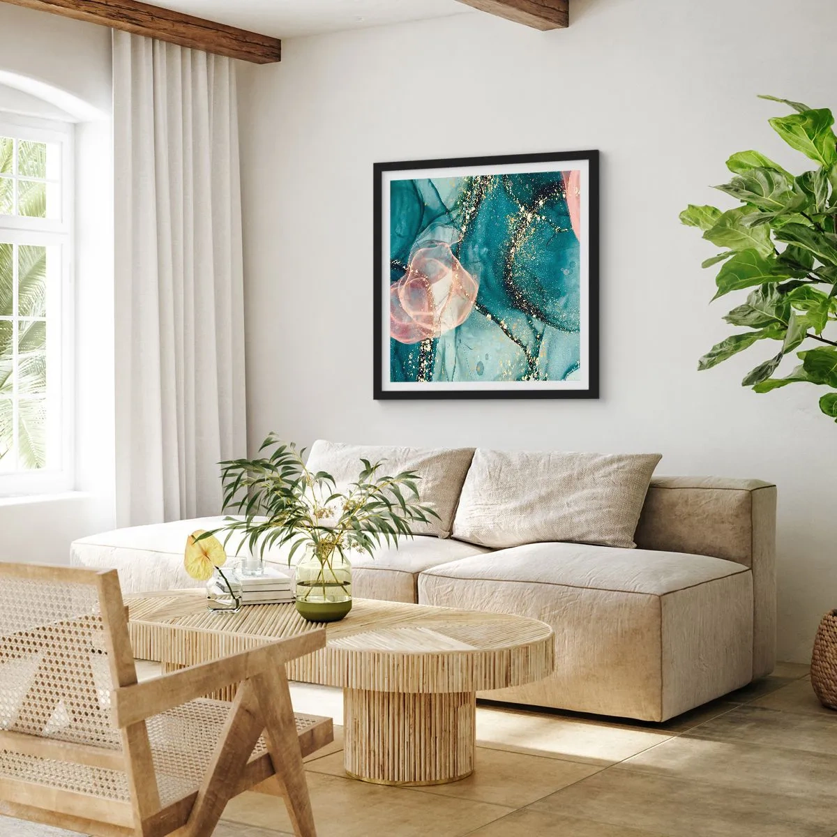 Plagát v čiernom ráme - Modré hodváb modré, ružový tyl - 40x40 cm