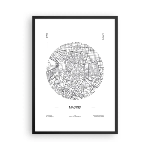 Plagát v čiernom ráme - Minimalistická mapa Madridu v čiernobielej farbe. - 50x70cm - Anatómia Madridu - Moderná nástenná dekorácia do obývacej izby a spálne ARTTOR