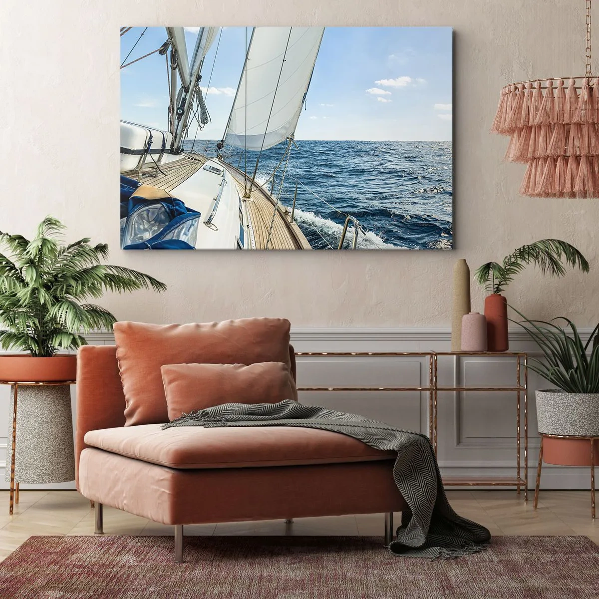 Obraz na plátne - Plachetnica na pokojnom mori pod modrou oblohou - 70x50cm - Ahoj, dobrodružstvo - Moderná nástenná dekorácia do obývacej izby a spálne ARTTOR