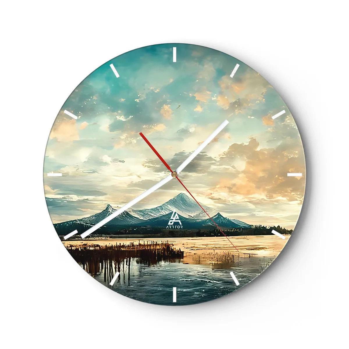 Nástenné hodiny - Zasnežené vrcholky hôr sa odrážajú v hladine jazera - 30x30cm - Pod ochranou neba - Moderná nástenná dekorácia do obývacej izby, kuchyne a spálne ARTTOR