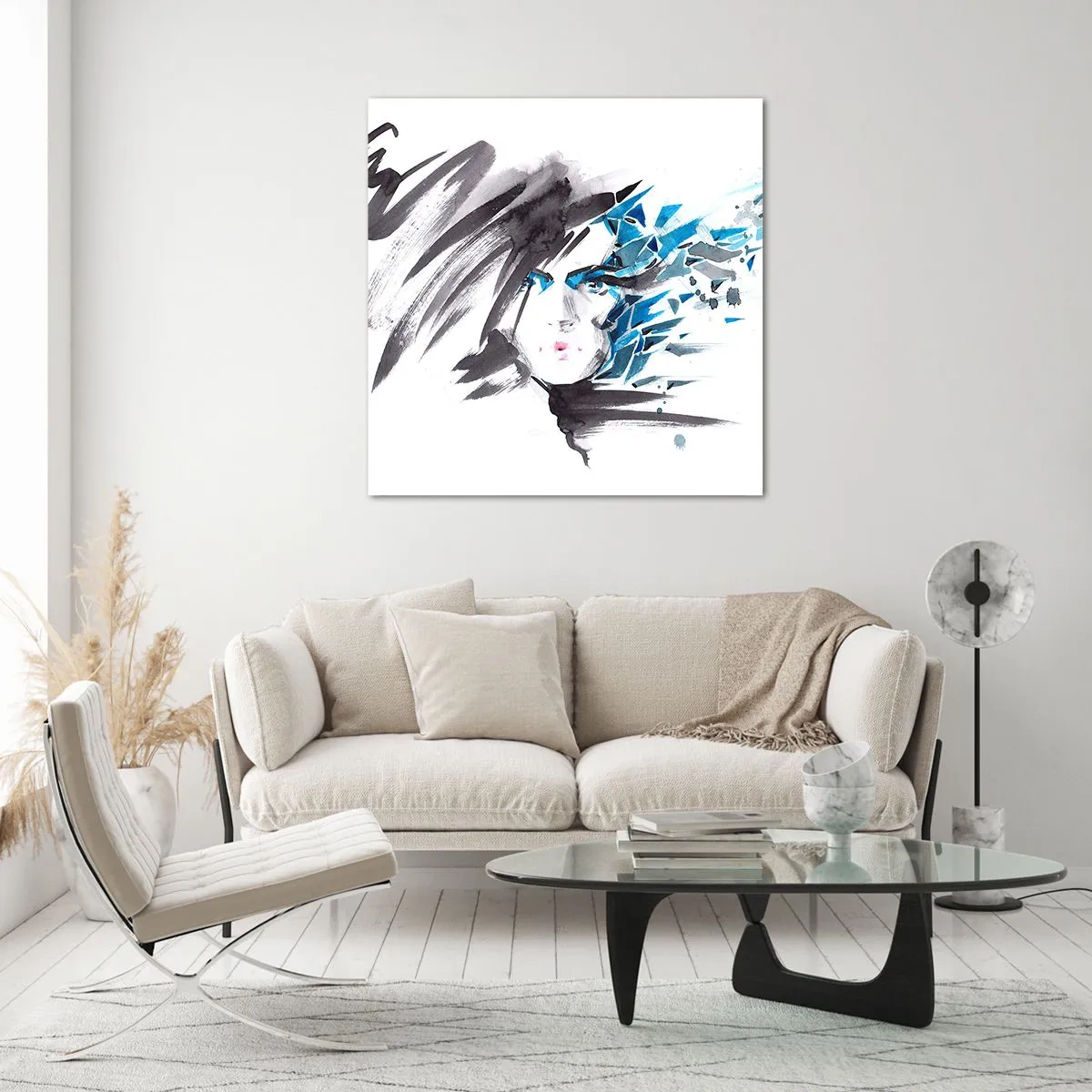 Obraz na skle - Zmyselný portrét v šedej a modrej - 40x40 cm