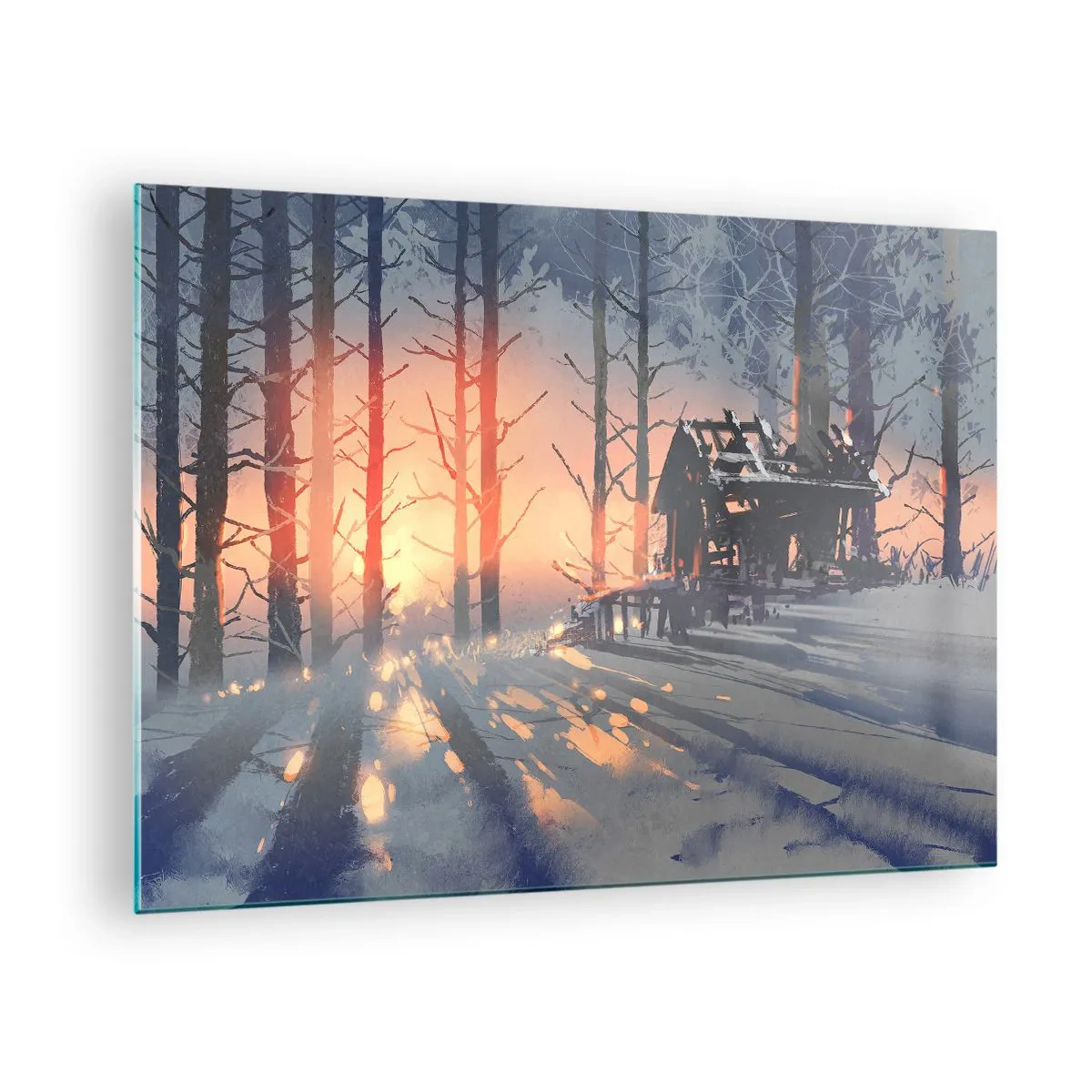 Obraz na skle - Zimný les pri západe slnka s chatkou v pozadí - 70x50cm - Pozerá sa tu iba slnko - Moderná nástenná dekorácia do obývacej izby a spálne ARTTOR