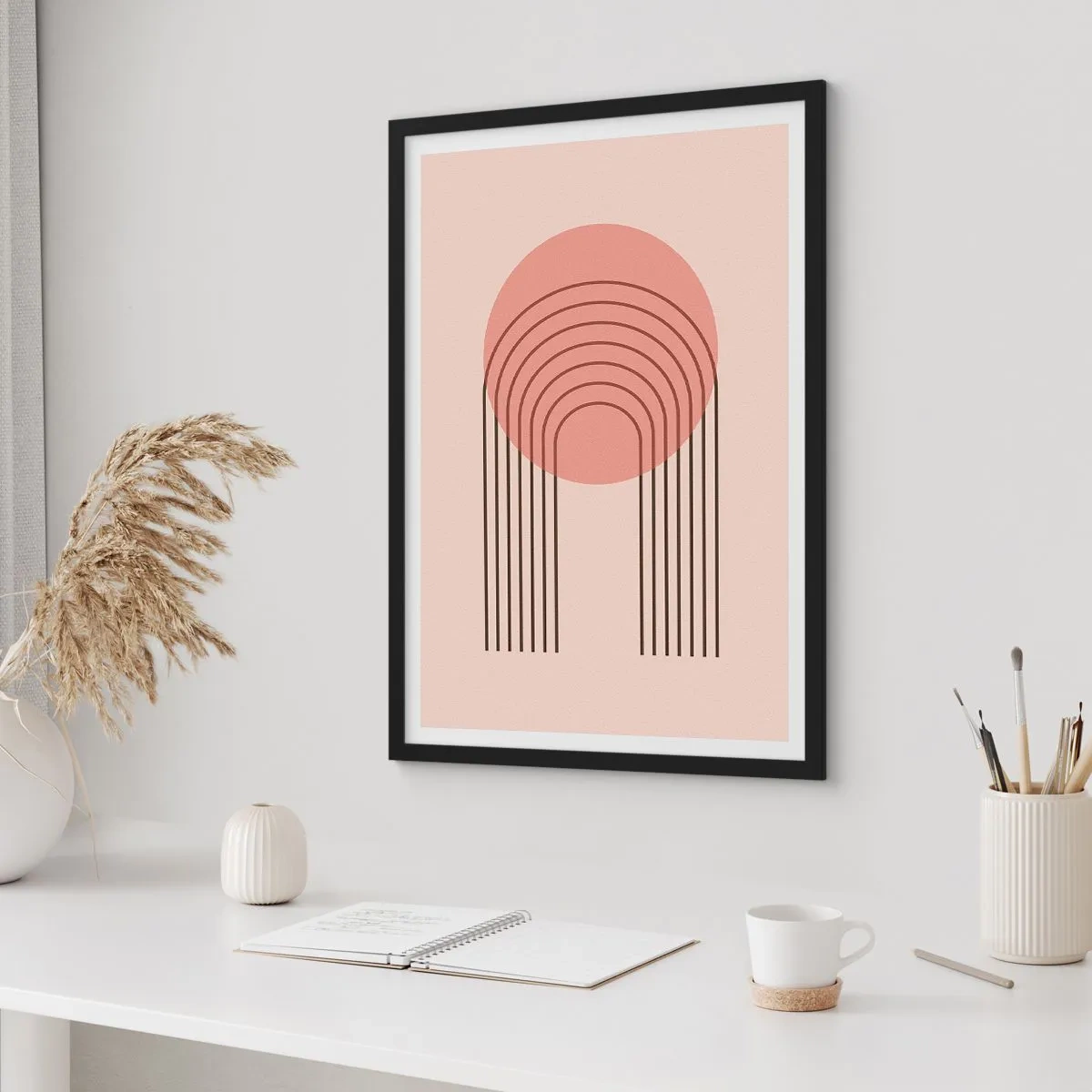 Plagát v čiernom ráme - Minimalistická abstrakcia s oblúkmi v odtieňoch ružovej a béžovej. - 50x70cm - Neodolateľná príťažlivosť - Moderná nástenná dekorácia do obývacej izby a spálne ARTTOR