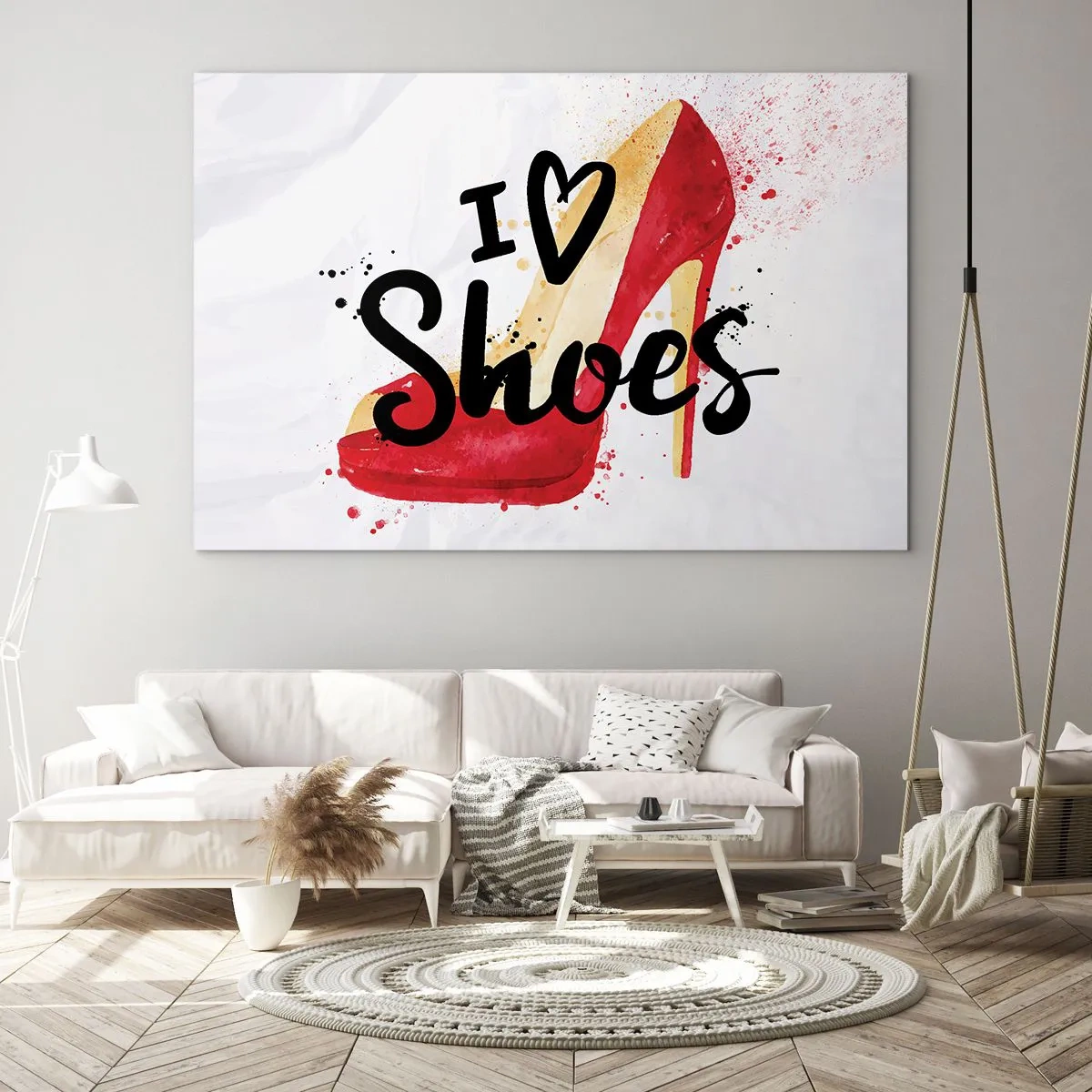 Obraz na skle - Červený vysoký podpätok a nápis „Milujem topánky“ na svetlom pozadí - 70x50cm - Láska má viac podôb - Moderná nástenná dekorácia do obývacej izby a spálne ARTTOR