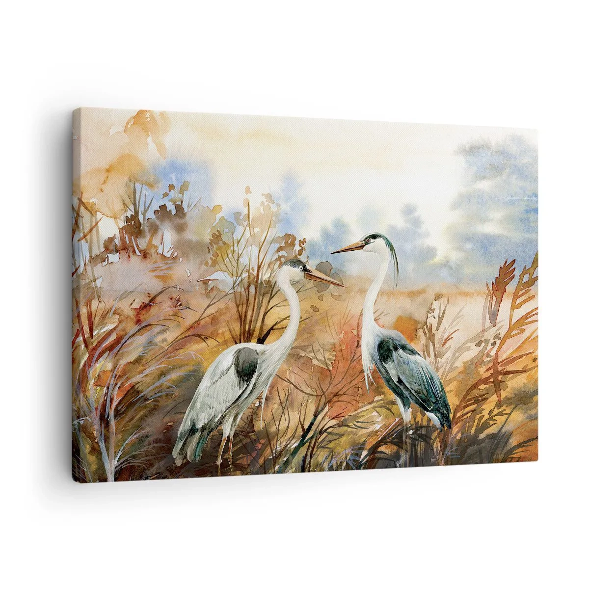 Obraz na plátne - Dve volavky na pozadí jesennej krajiny - 70x50cm - Kam na jeseň? - Moderná nástenná dekorácia do obývacej izby a spálne ARTTOR