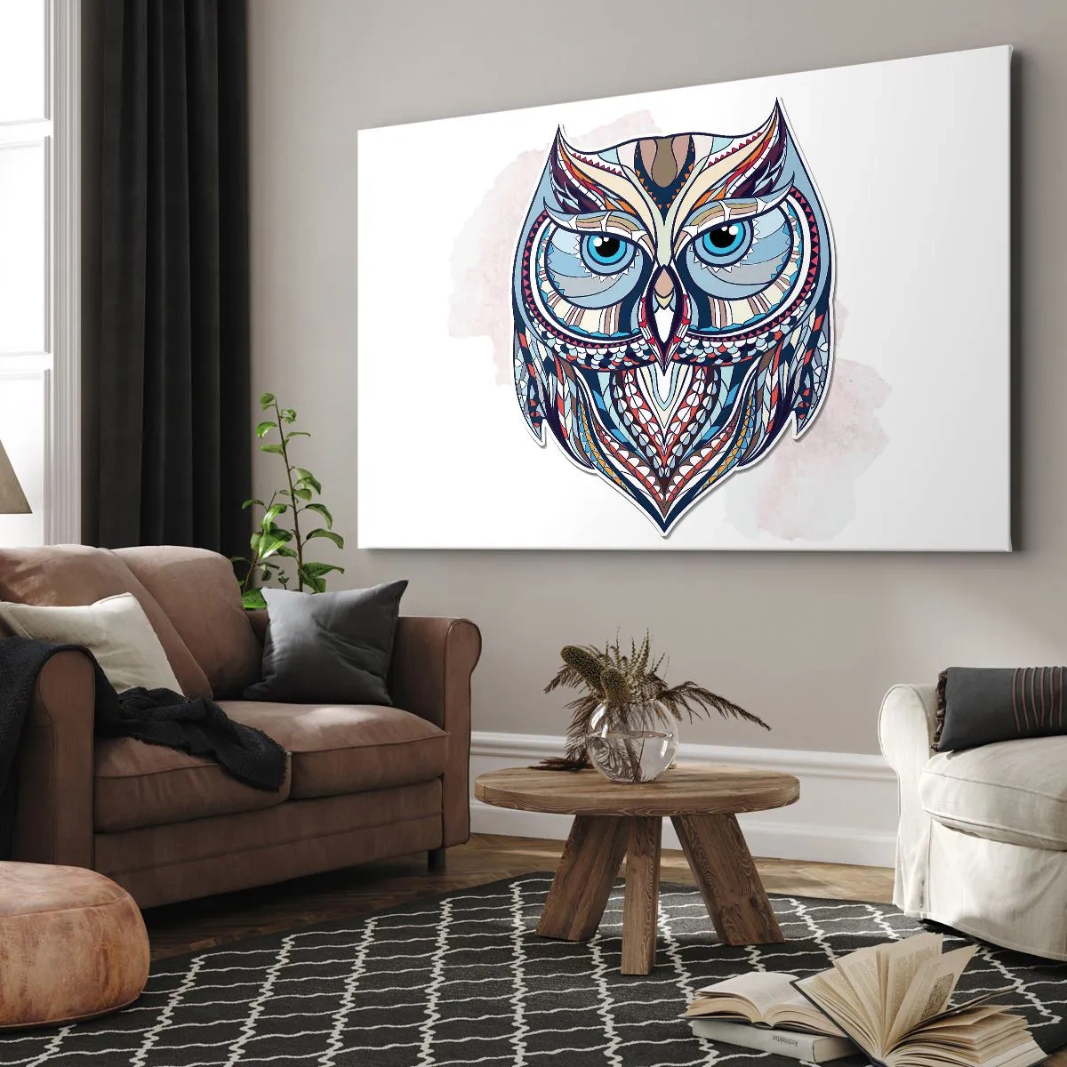 Obraz na plátne - Geometrická sova v odtieňoch modrej a béžovej - 70x50cm - Umelecká ozdobná sova - Moderná nástenná dekorácia do obývacej izby a spálne ARTTOR