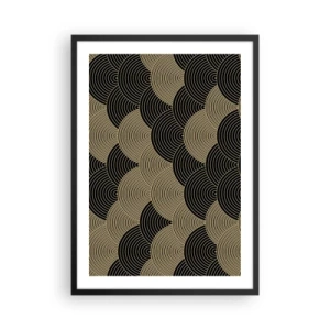 Plagát v čiernom ráme - Abstraktný vzor v čiernych a zlatých kruhoch - 50x70cm - Jednota v mnohosti - Moderná nástenná dekorácia do obývacej izby a spálne ARTTOR