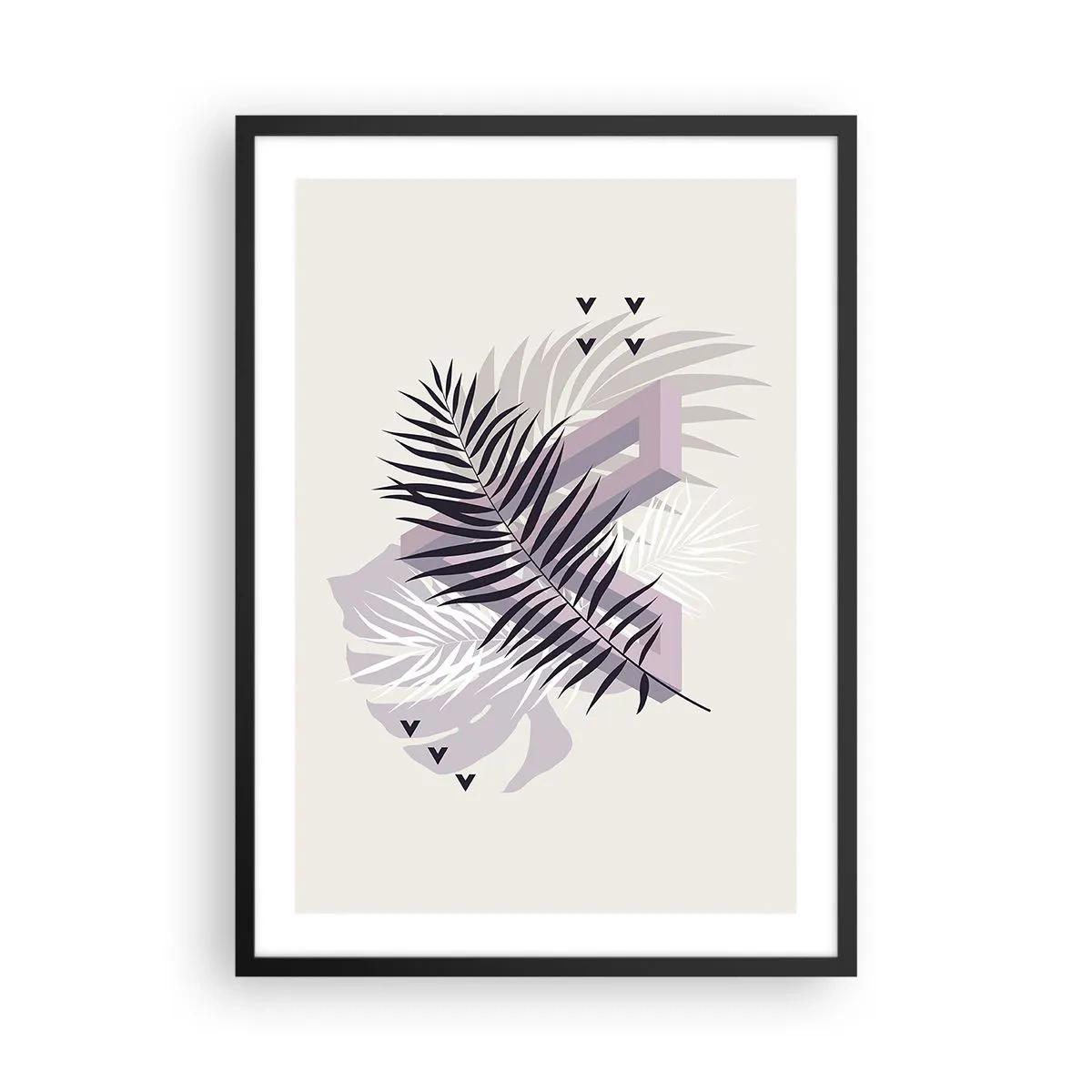 Plagát v čiernom ráme - Abstraktná kompozícia s listami a geometrickými tvarmi - 50x70cm - Tieň tieňa - Moderná nástenná dekorácia do obývacej izby a spálne ARTTOR