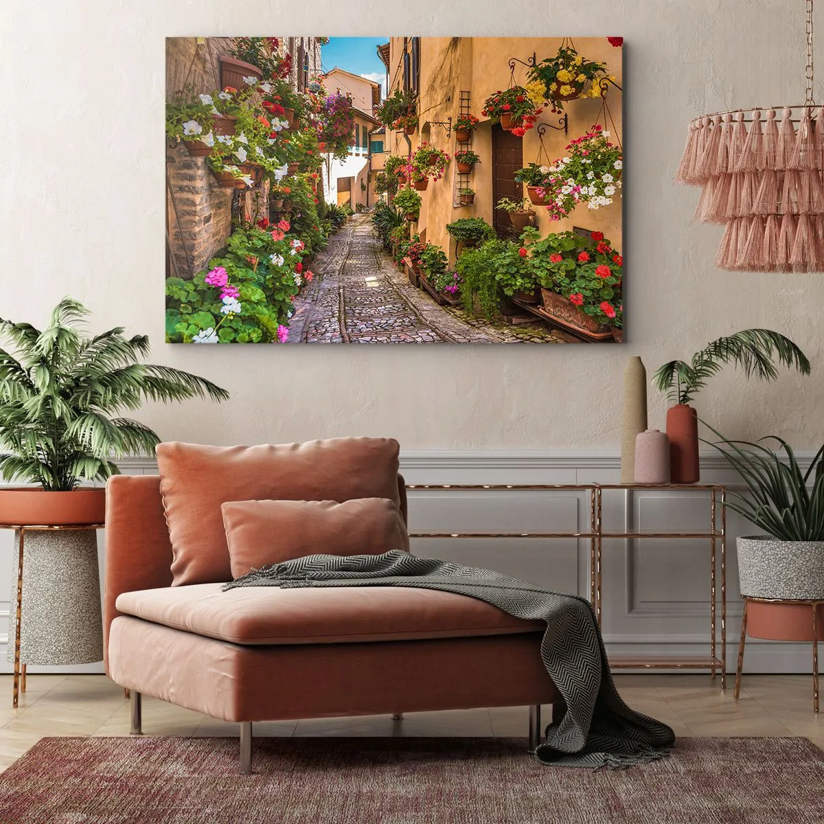 Obraz na plátne - Očarujúca ulica plná kvetov a kvetináčov - 70x50cm - Talianske zákutie - Moderná nástenná dekorácia do obývacej izby a spálne ARTTOR