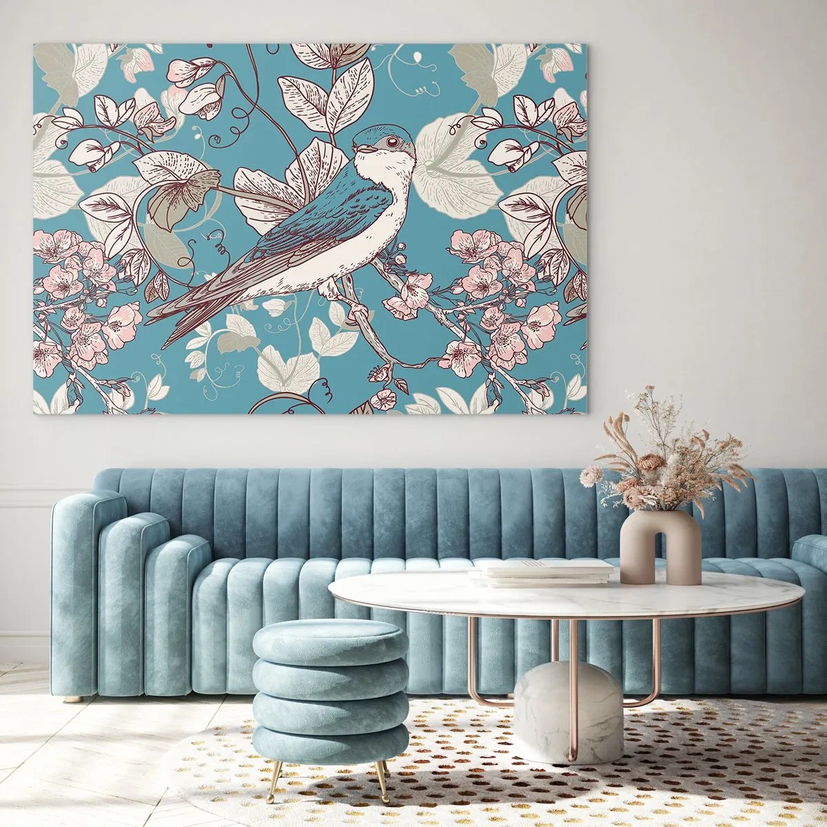 Obraz na skle - Na bielom strome vtáky a strieborné lístie - 100x70 cm