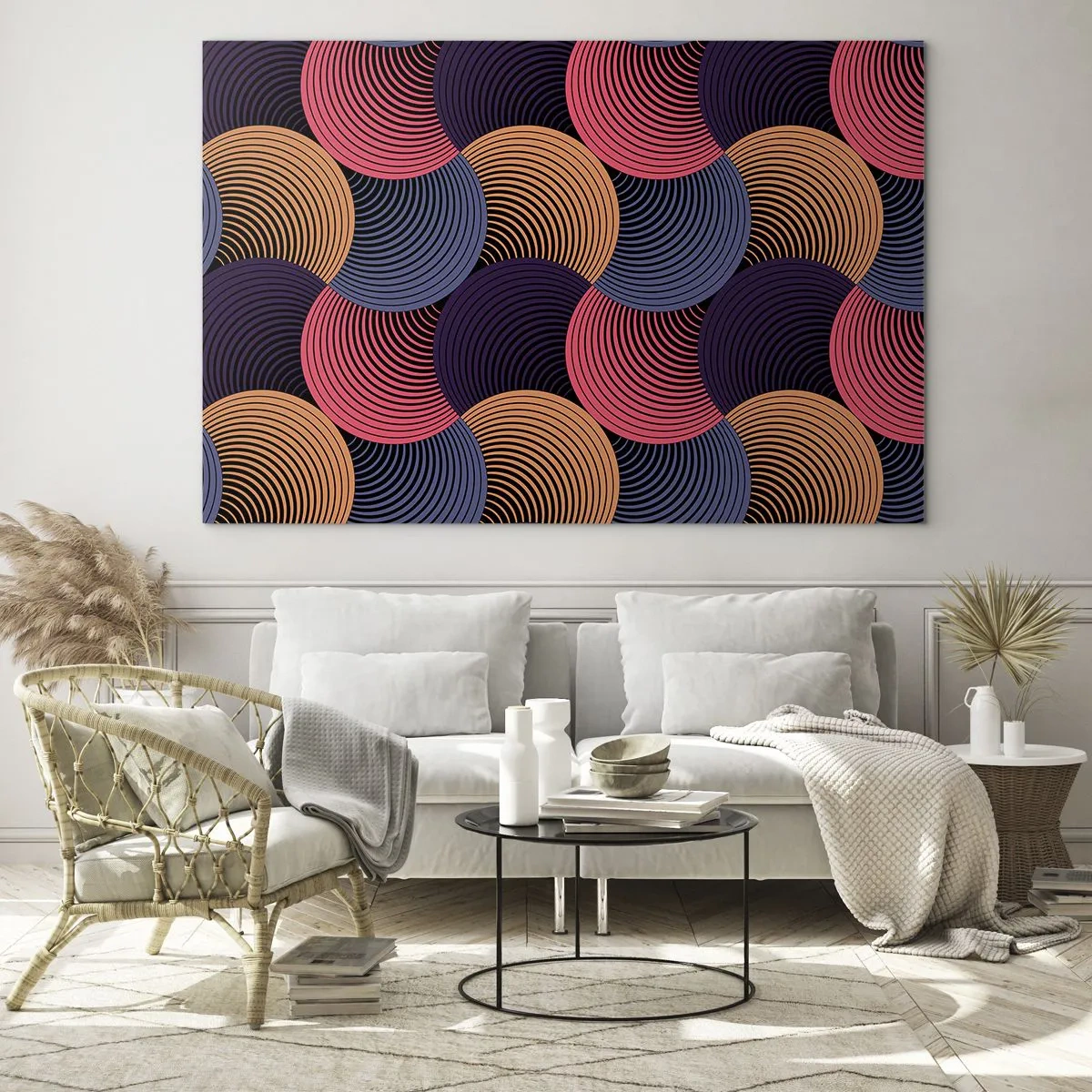 Obraz na skle - Farebné sústredné kruhy tvoriace geometrický vzor - 70x50cm - V kruhovom rytme - Moderná nástenná dekorácia do obývacej izby a spálne ARTTOR