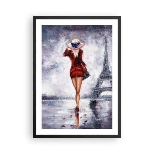 Plagát v čiernom ráme - Žena v červených šatách kráčajúca k Eiffelovej veži - 50x70cm - Parížske symboly - Moderná nástenná dekorácia do obývacej izby a spálne ARTTOR