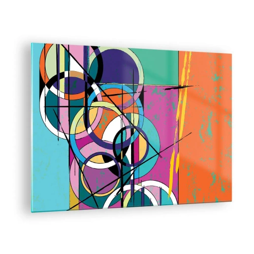 Obraz na skle - Farebná abstrakcia s geometrickými tvarmi a kruhmi - 70x50cm - Kruh za kruhom - Moderná nástenná dekorácia do obývacej izby a spálne ARTTOR