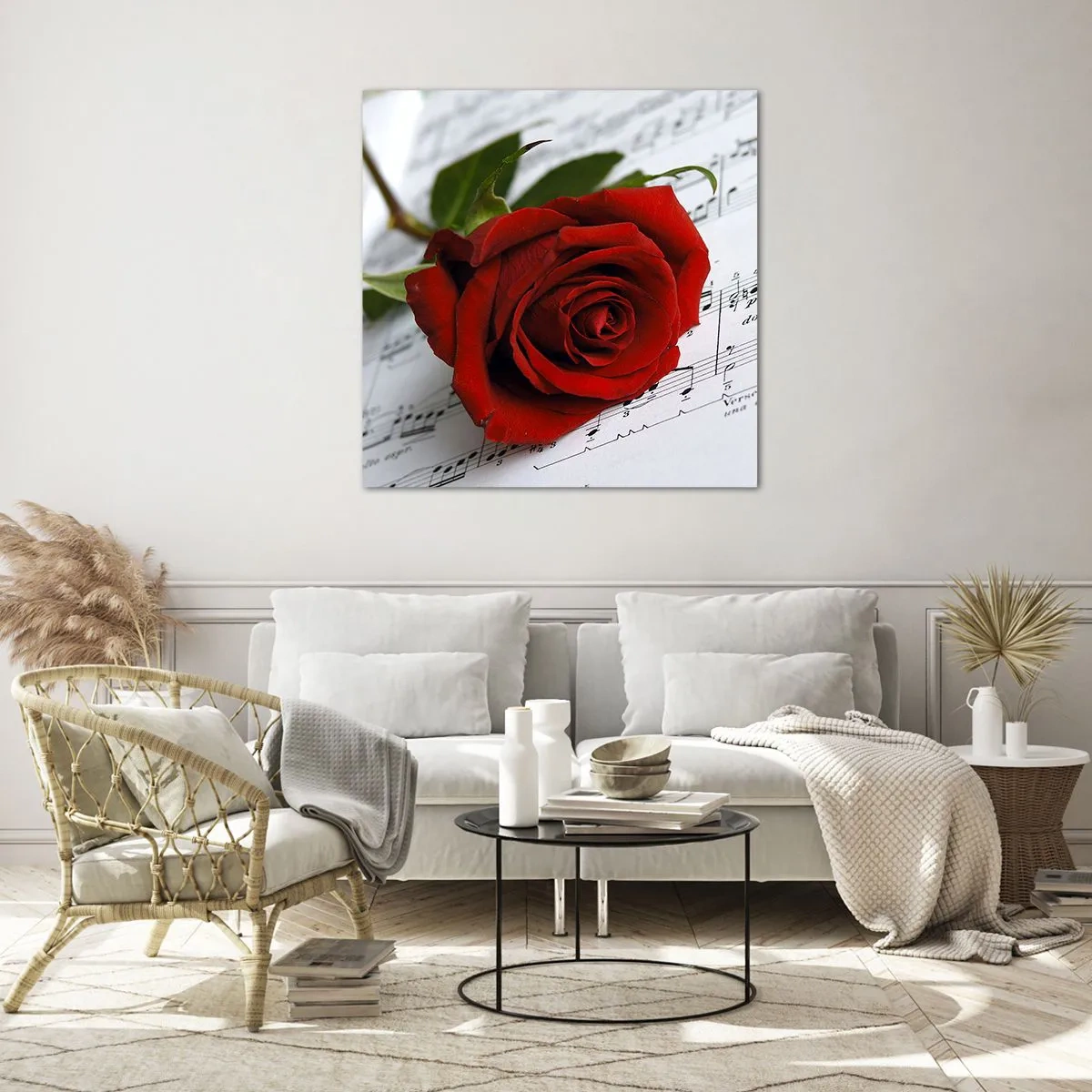 Obraz na skle - Hudba pocitu v šarlátovej - 70x70 cm