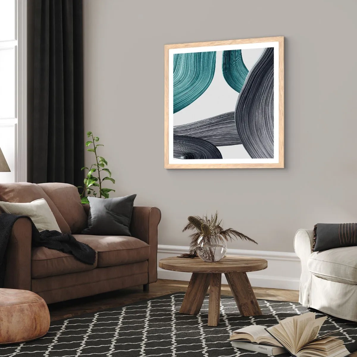 Plagát v ráme zo svetlého duba - Smaragdové a čierne vlny - 60x60 cm