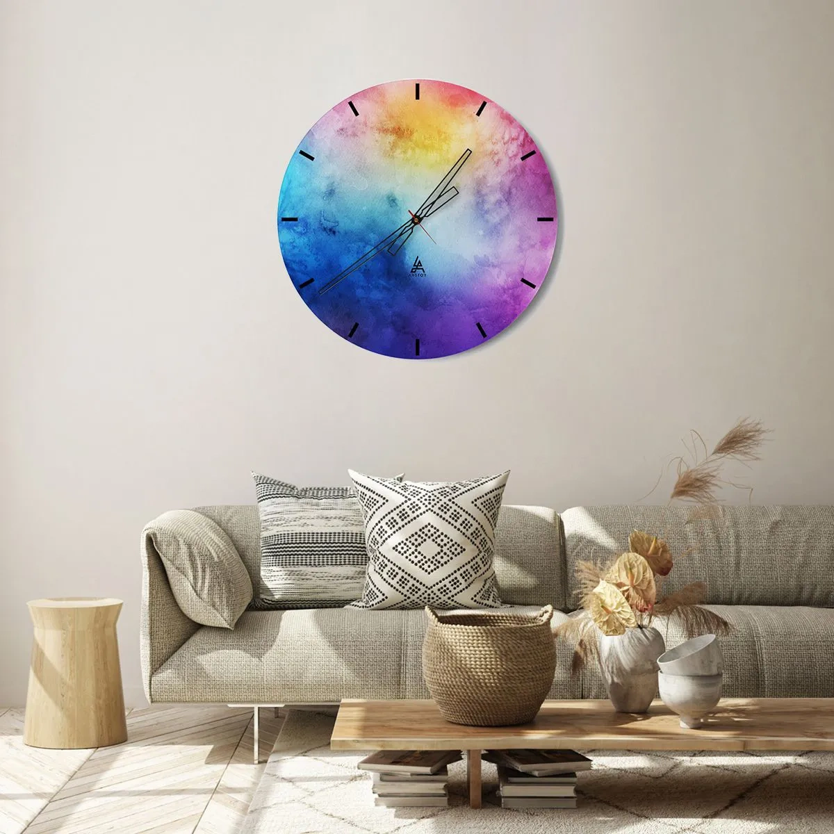 Nástenné hodiny - Farebný gradient, v ktorom dominujú modrá, fialová a žltá. - 30x30cm - Takmer v siedmom nebi - Moderná nástenná dekorácia do obývacej izby, kuchyne a spálne ARTTOR