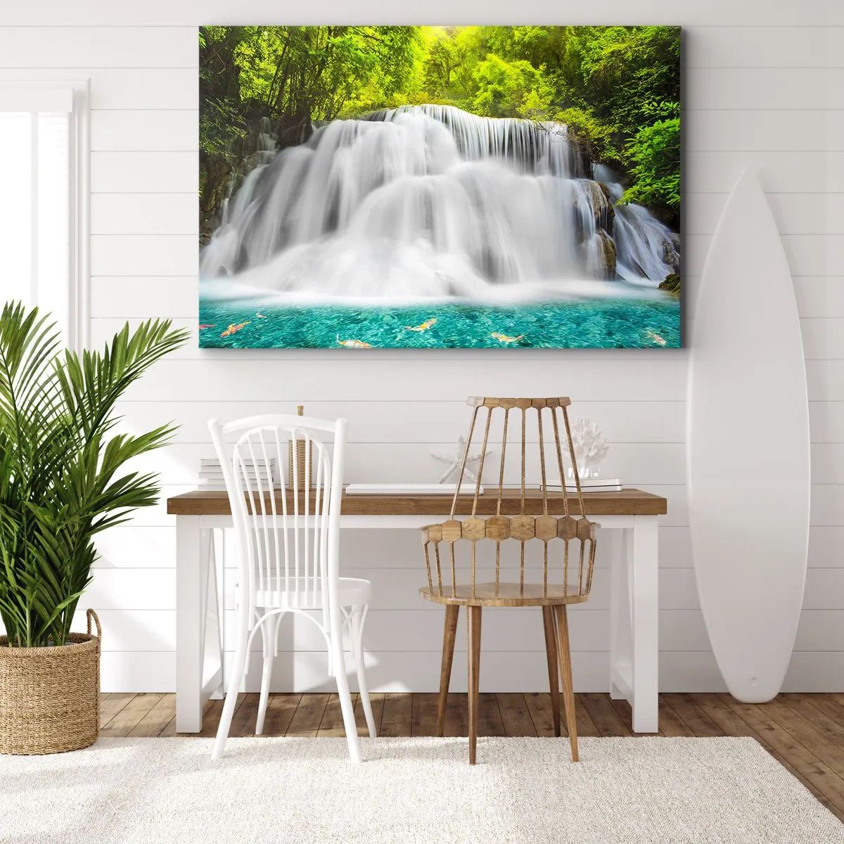 Obraz na plátne - Vodopád v tropickom lese s tyrkysovou vodou - 70x50cm - Speneným vodopádom od zelene k modrej - Moderná nástenná dekorácia do obývacej izby a spálne ARTTOR