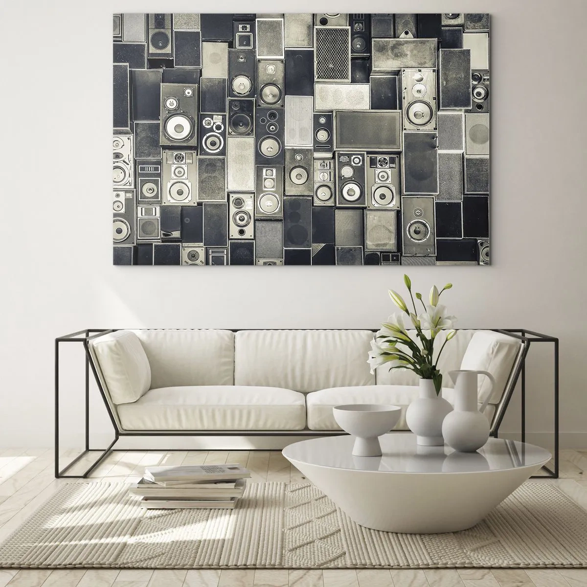 Obraz na skle - Kompozícia retro reproduktorov v odtieňoch sivej - 70x50cm - A všetko je v pohode - Moderná nástenná dekorácia do obývacej izby a spálne ARTTOR