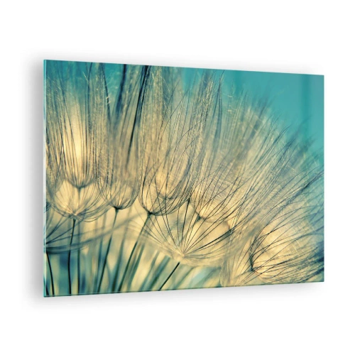 Obraz na skle - Makrofotografia púpavy na tyrkysovom pozadí - 70x50cm - Čakanie na vietor - Moderná nástenná dekorácia do obývacej izby a spálne ARTTOR