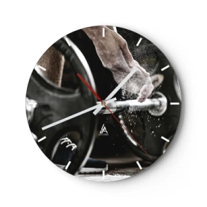 Nástenné hodiny - Činka a ruka počas tréningu - 30x30cm - Výzva prijatá! - Moderná nástenná dekorácia do obývacej izby, kuchyne a spálne ARTTOR