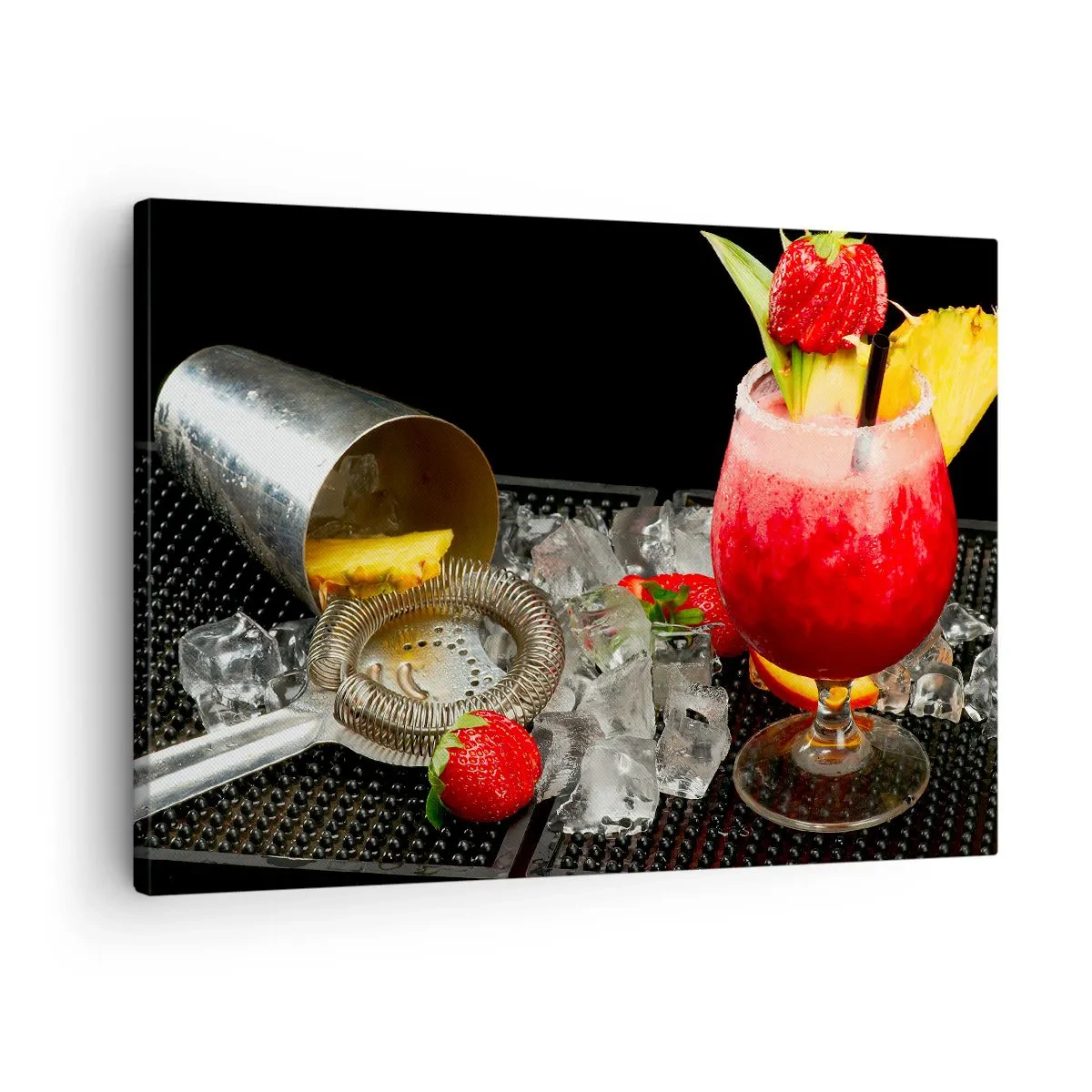 Obraz na plátne - Farebný koktail s jahodami, ľadom a ananásom - 70x50cm - Vykúzliť chuť - Moderná nástenná dekorácia do obývacej izby a spálne ARTTOR