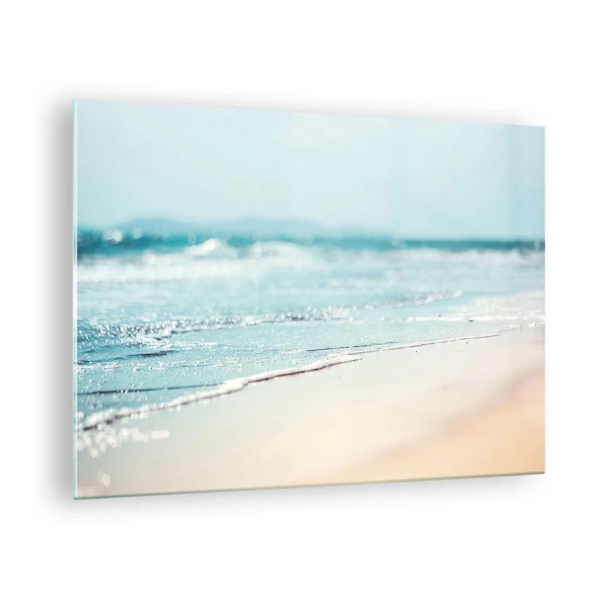 Obraz na skle - Jemné oceánske vlny omývajú piesočnatú pláž - 70x50cm - Teplo a hluk - Moderná nástenná dekorácia do obývacej izby a spálne ARTTOR