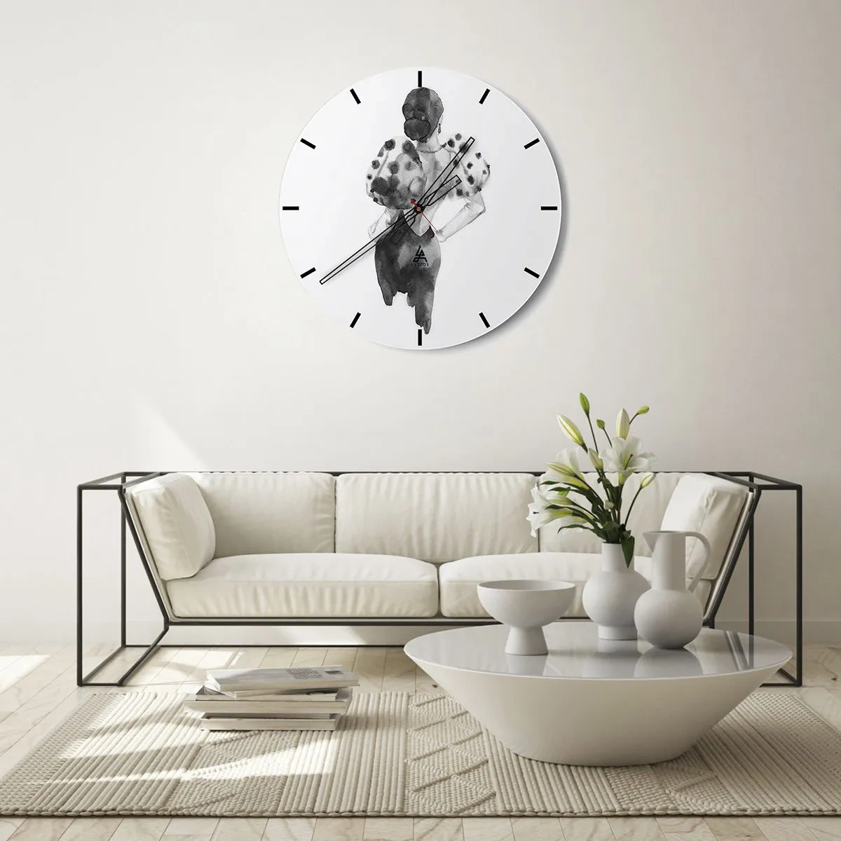 Nástenné hodiny - Čiernobiela ilustrácia ženy v elegantných šatách - 30x30cm - Prešla hneď vedľa - Moderná nástenná dekorácia do obývacej izby, kuchyne a spálne ARTTOR