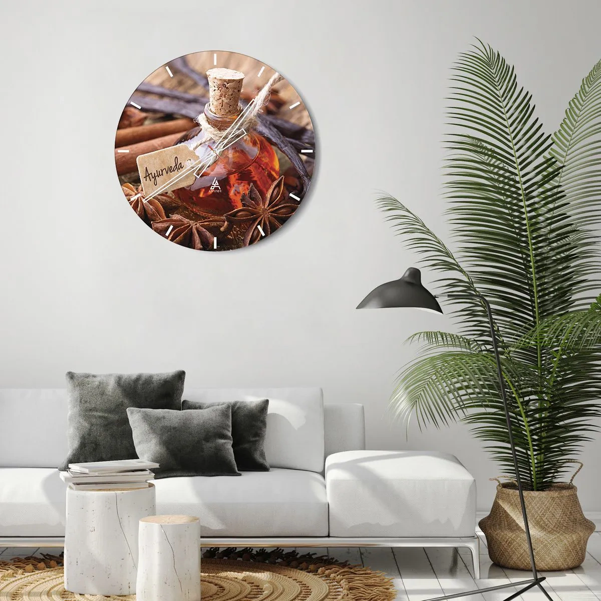 Nástenné hodiny - Fľaštička s korením obklopená anízom a vanilkou - 30x30cm - K jednote tela a ducha - Moderná nástenná dekorácia do obývacej izby, kuchyne a spálne ARTTOR