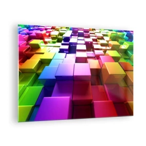 Obraz na skle - Farebné kocky tvoriace trojrozmerný abstraktný vzor - 70x50cm - Op-artové spoločne v tíme - Moderná nástenná dekorácia do obývacej izby a spálne ARTTOR