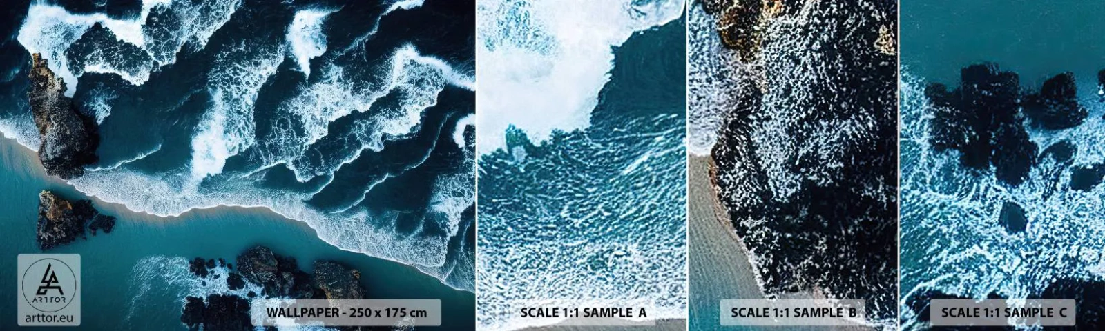 Vzorka samolepiacej fototapety Deluxe Sticker - Zahalené do vĺn - Cliff, More, Príroda - 100x30 cm