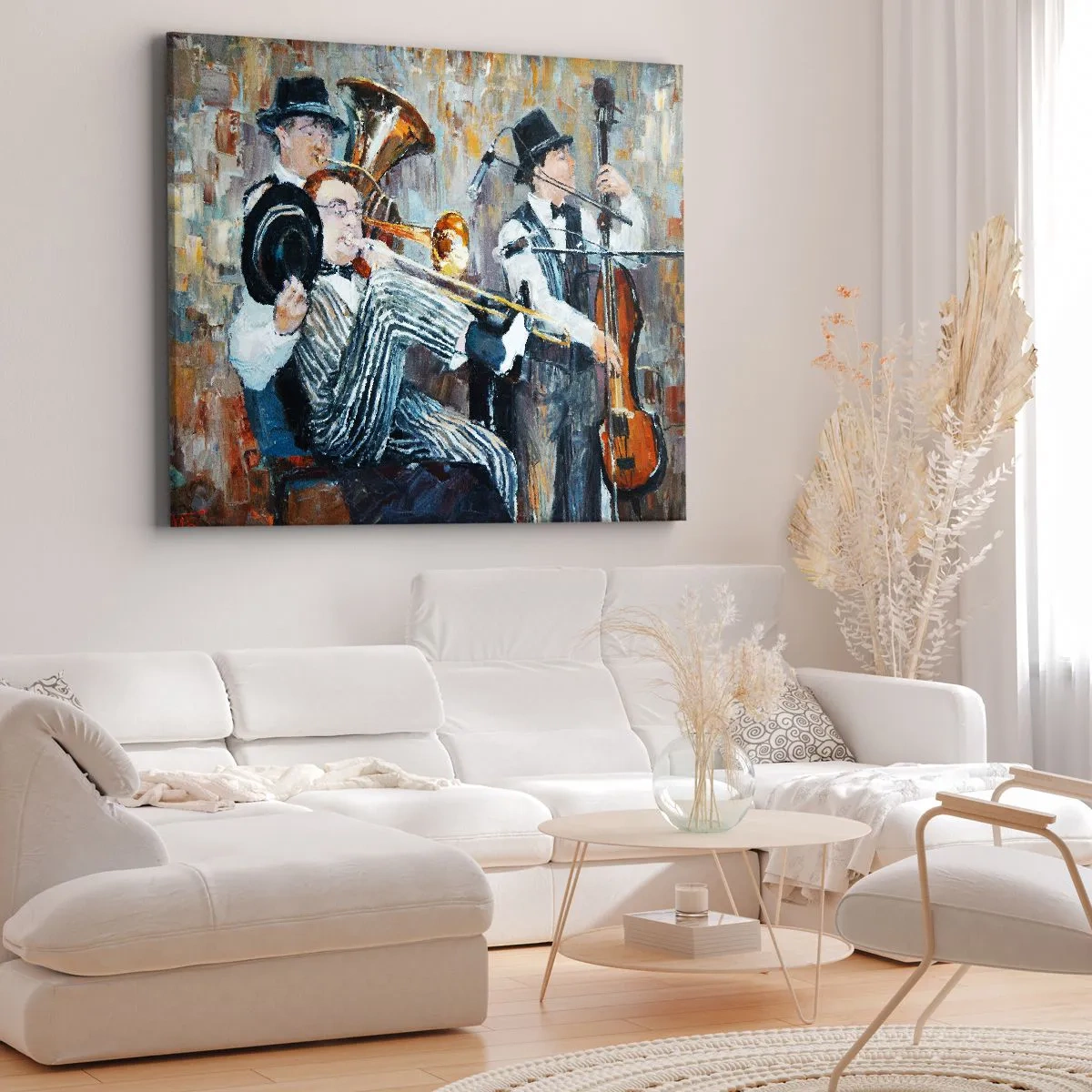 Obraz na plátne - Džezoví hudobníci v maliarskom štýle počas koncertu - 70x50cm - Celý tento jazz - Moderná nástenná dekorácia do obývacej izby a spálne ARTTOR