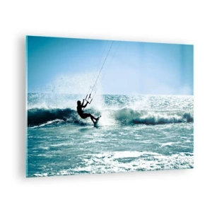 Obraz na skle - Kitesurfer na oceánskych vlnách za slnečného dňa - 70x50cm - Nechajte sa uniesť - Moderná nástenná dekorácia do obývacej izby a spálne ARTTOR