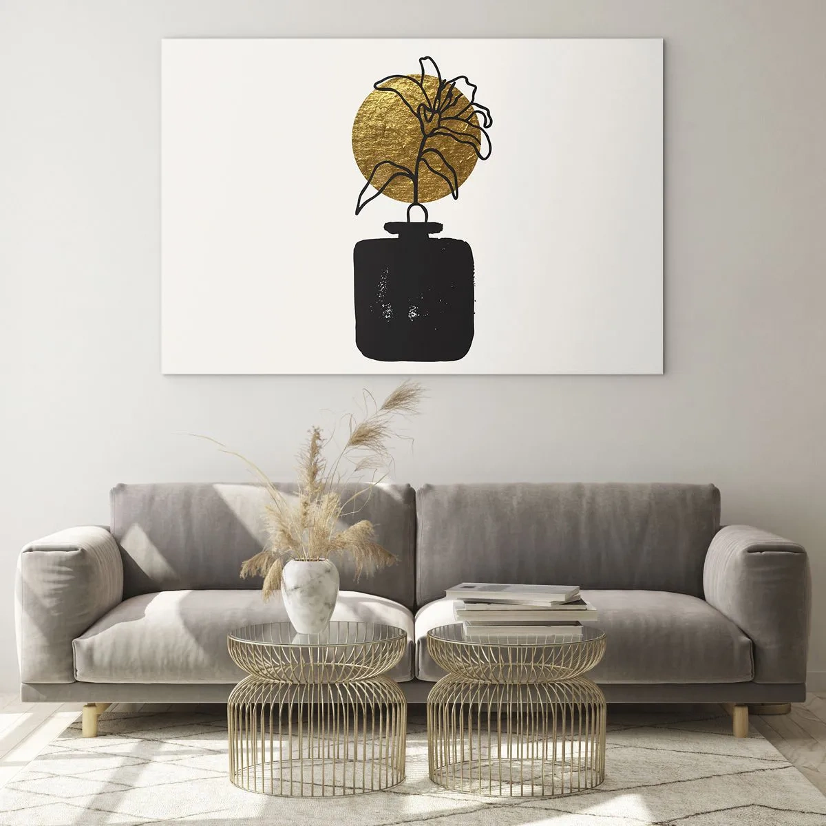 Obraz na skle - Minimalistická grafika s kvetom v zlatom kruhu a čiernou vázou - 70x50cm - Krása, ktorá má cenu zlata - Moderná nástenná dekorácia do obývacej izby a spálne ARTTOR