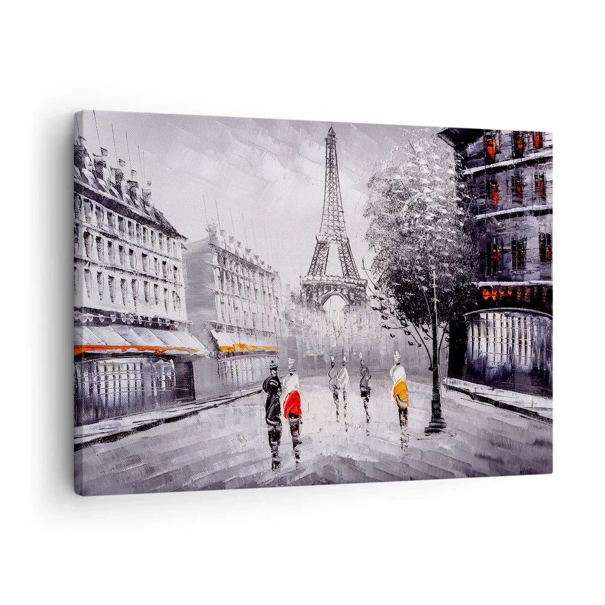 Obraz na plátne - Pohľad na Eiffelovu vežu v monochromatickom prostredí s farebnými akcentmi - 70x50cm - Parížska prechádzka - Moderná nástenná dekorácia do obývacej izby a spálne ARTTOR