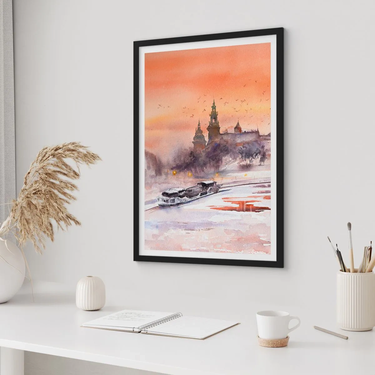 Plagát v čiernom ráme - Akvarelová panoráma mesta pri západe slnka - 50x70cm - Kráľovský západ slnka - Moderná nástenná dekorácia do obývacej izby a spálne ARTTOR