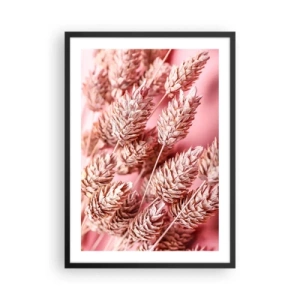 Plagát v čiernom ráme - Detailný záber na sušené klasy obilia na ružovom pozadí - 50x70cm - Kvetinová kaskáda v ružovej - Moderná nástenná dekorácia do obývacej izby a spálne ARTTOR