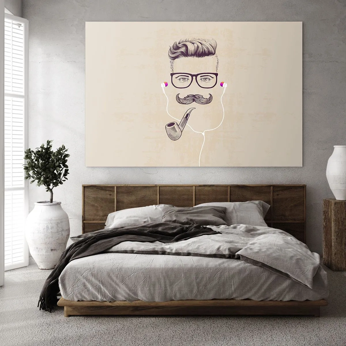 Obraz na skle - Kresba štylizovaného muža s okuliarmi, fúzikmi a fajkou. - 70x50cm - Skutočný muž? - Moderná nástenná dekorácia do obývacej izby a spálne ARTTOR