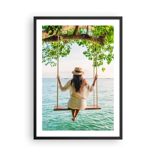 Plagát v čiernom ráme - Žena na hojdačke pri mori v tropickom prostredí - 50x70cm - Život je krásny - Moderná nástenná dekorácia do obývacej izby a spálne ARTTOR