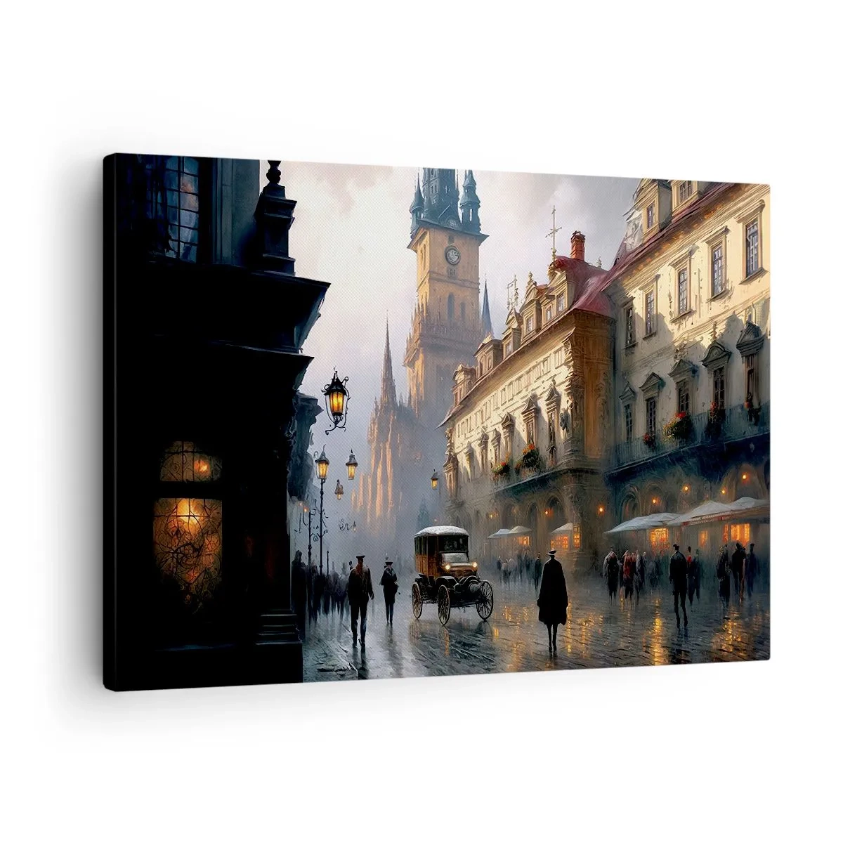 Obraz na plátne - Večerná pouličná scéna s historickou architektúrou - 70x50cm - Kúzlo pražského večera - Moderná nástenná dekorácia do obývacej izby a spálne ARTTOR