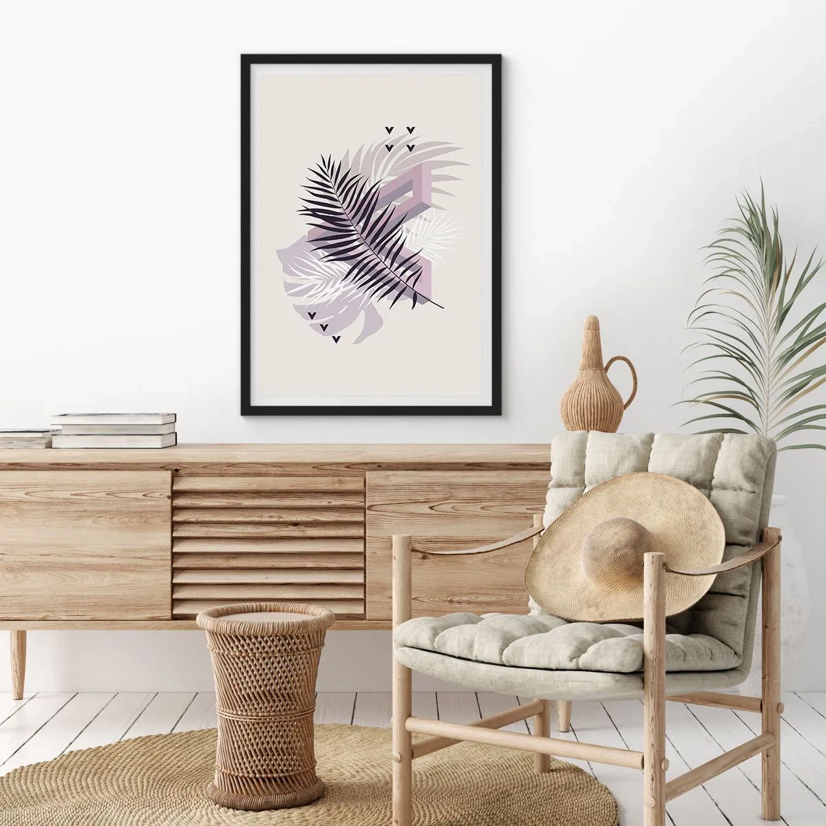 Plagát v čiernom ráme - Abstraktná kompozícia s listami a geometrickými tvarmi - 50x70cm - Tieň tieňa - Moderná nástenná dekorácia do obývacej izby a spálne ARTTOR