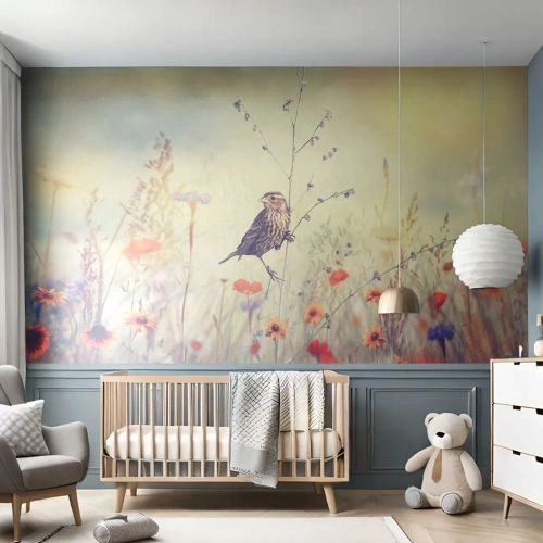 Fototapeta Standard Eco - Vtáčik na konári na kvitnúcej lúke v mäkkom svetle - 100x70cm - Portrét vtáka s lúkou v pozadí - Moderná nástenná dekorácia do obývacej izby a spálne ARTTOR