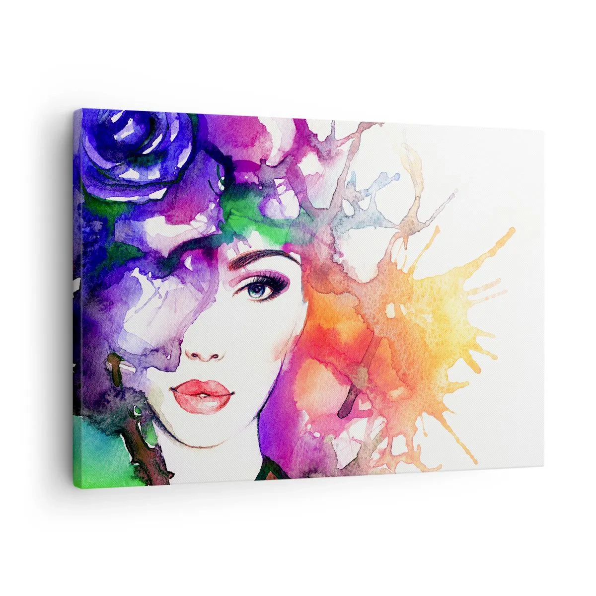 Obraz na plátne - Portrét ženy v akvarelových farbách s abstraktnými škvrnami - 70x50cm - S hlavou v oblakoch - Moderná nástenná dekorácia do obývacej izby a spálne ARTTOR