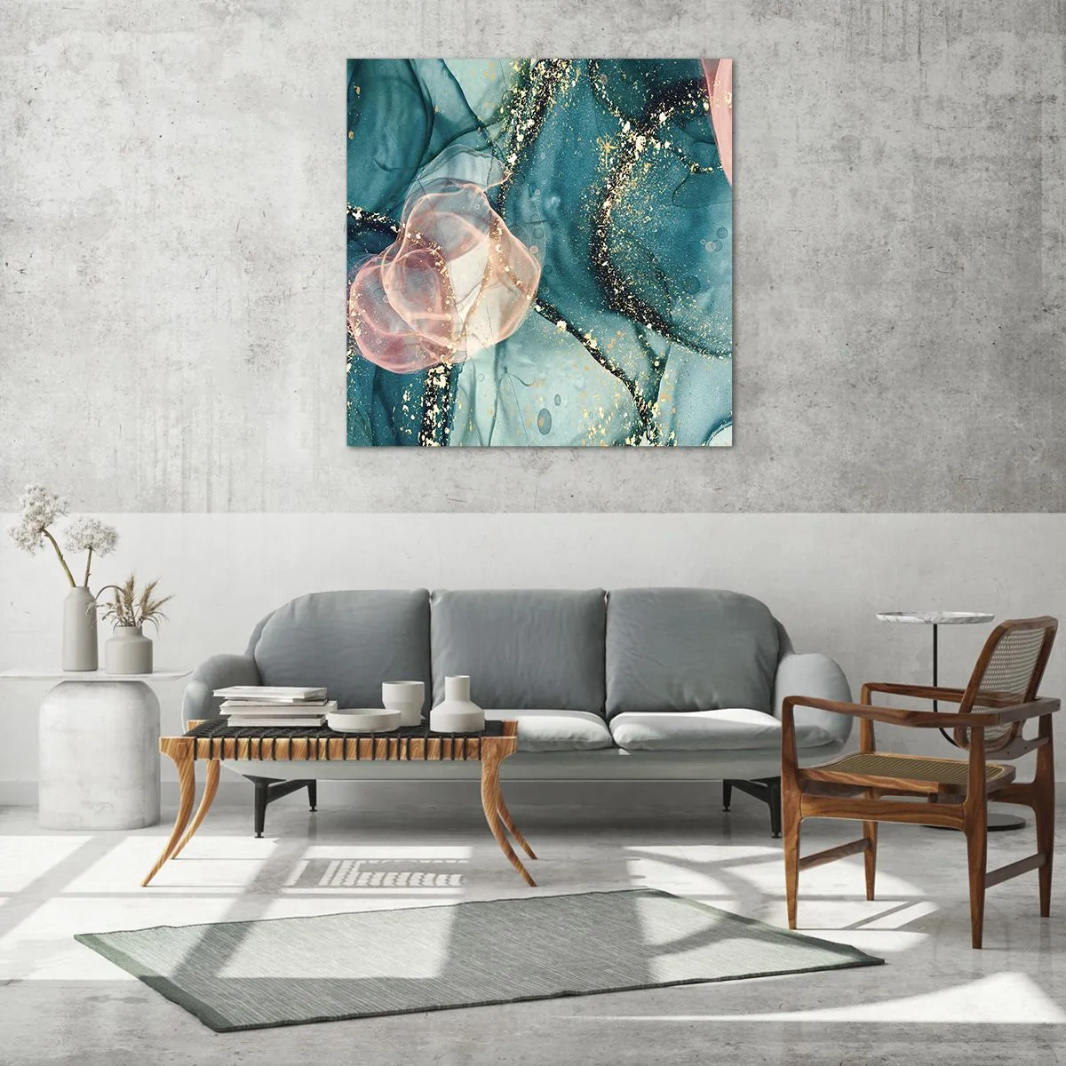 Obraz na skle - Modré hodváb modré, ružový tyl - 60x60 cm