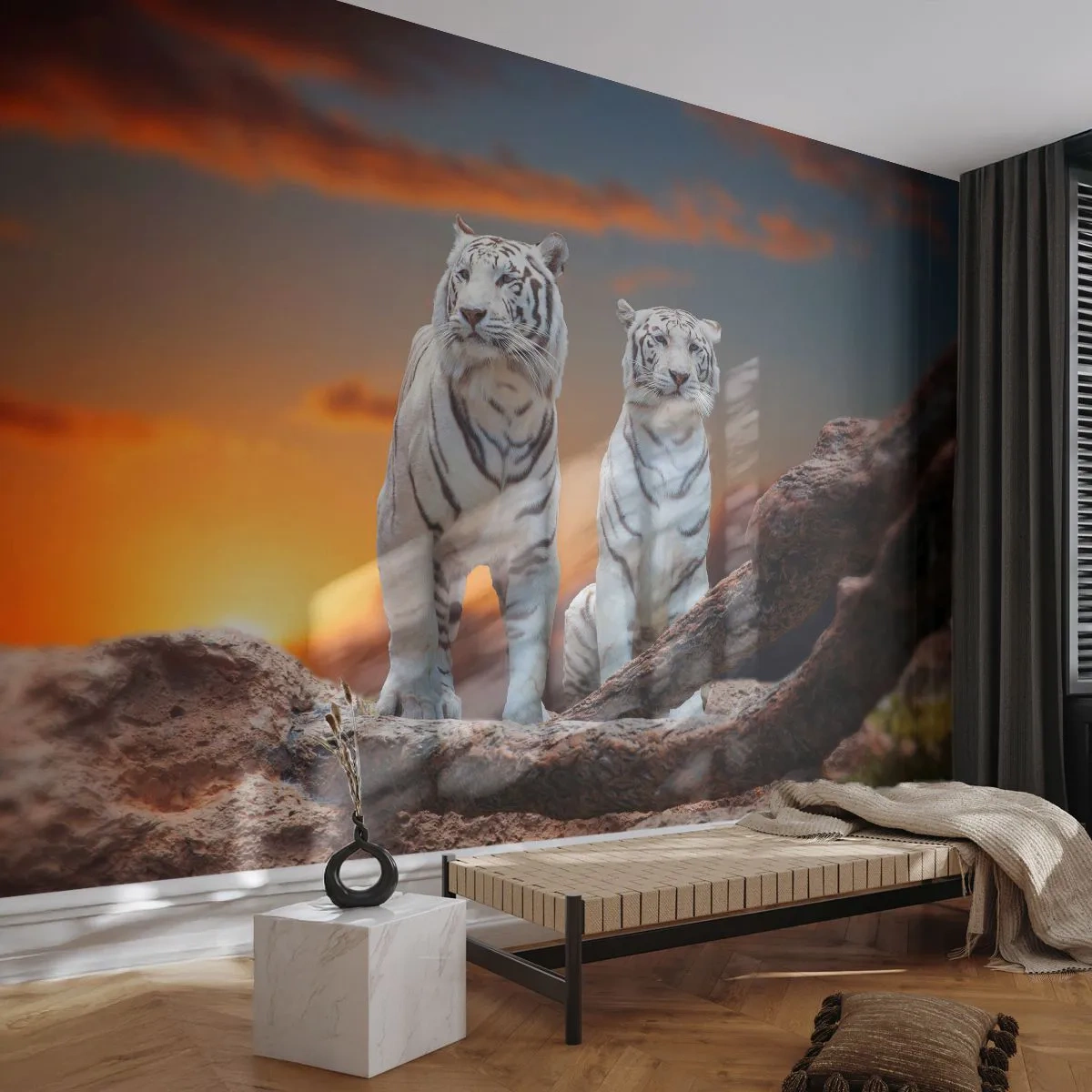 Fototapeta Premium Sand - Úplne ako v Narnii - Zvieratá, Tiger, Západ slnka - 100x70 cm