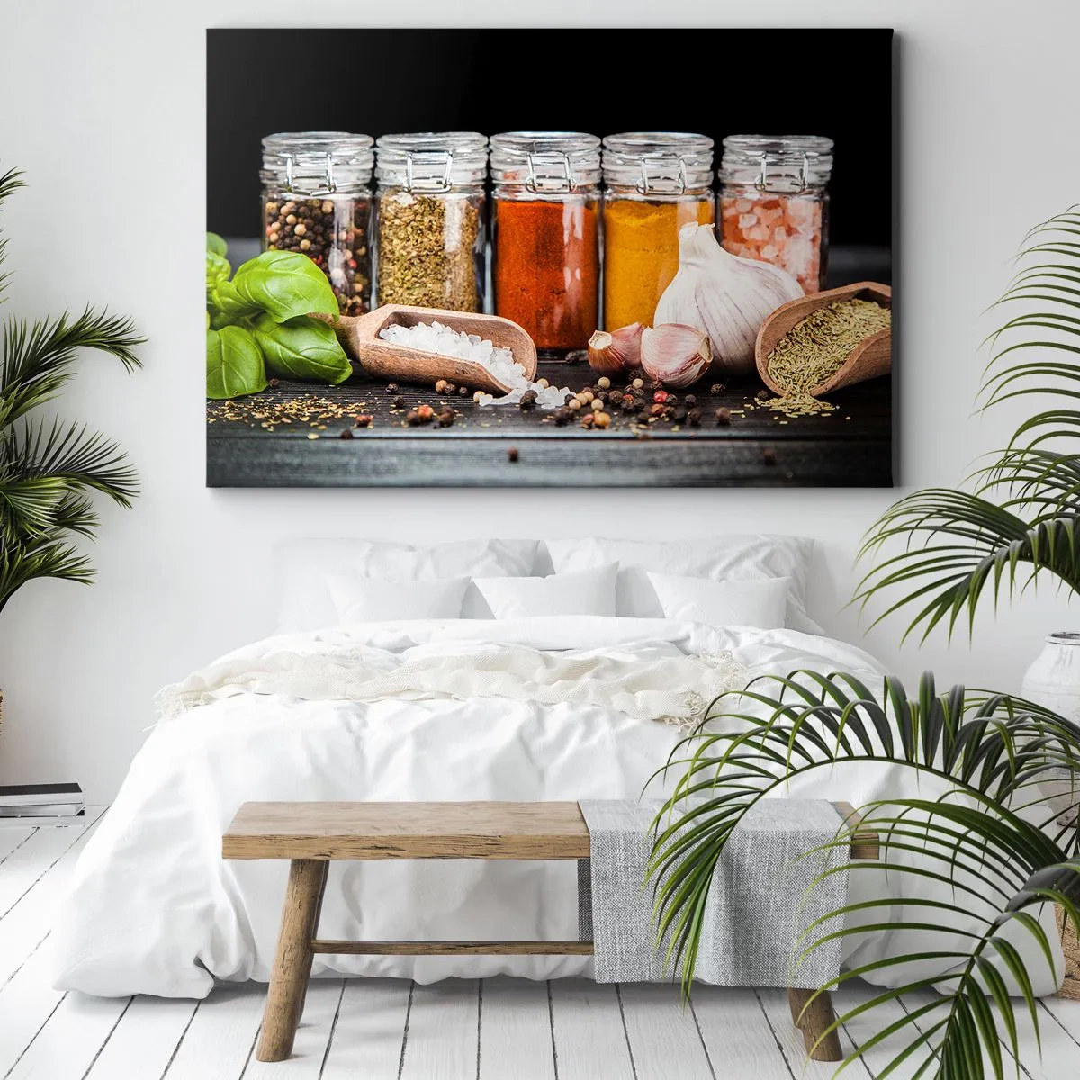 Obraz na plátne - Bylinky a koreniny v sklenených pohároch na tmavom pozadí - 70x50cm - Aby mal život chuť - Moderná nástenná dekorácia do obývacej izby a spálne ARTTOR